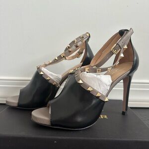 Vici Leather Heels — Elegant Black and Tan Studded Heels — 100% leather. Size 9